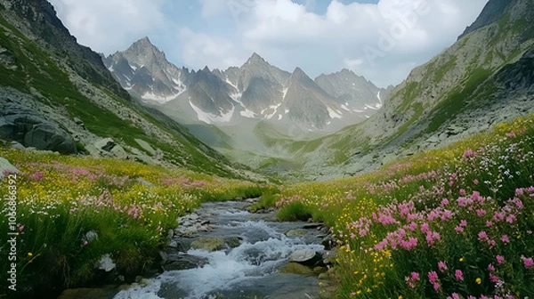Fototapeta A rushing mountain stream flows through a lush valley with colorful wildflowers.