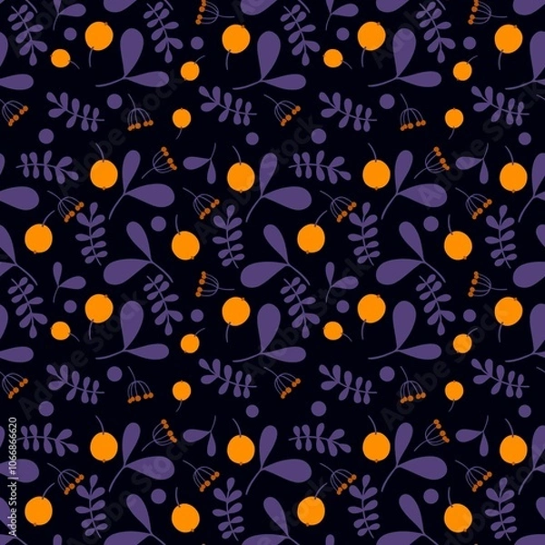 Obraz Seamless Leaves and Berry Pattern on a Dark Background. Botanical Natural Textures for Fabric, Wallpaper, Packaging and Eco Design