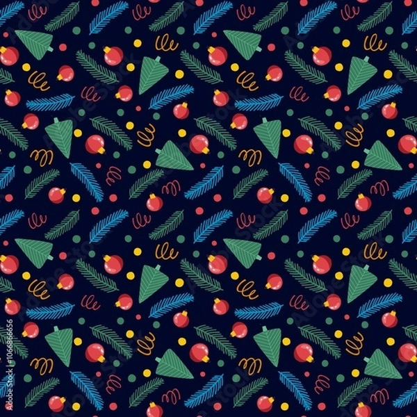 Obraz Winter Seamless Christmas Pattern with Green Branches, Christmas Trees and Balls on Dark background