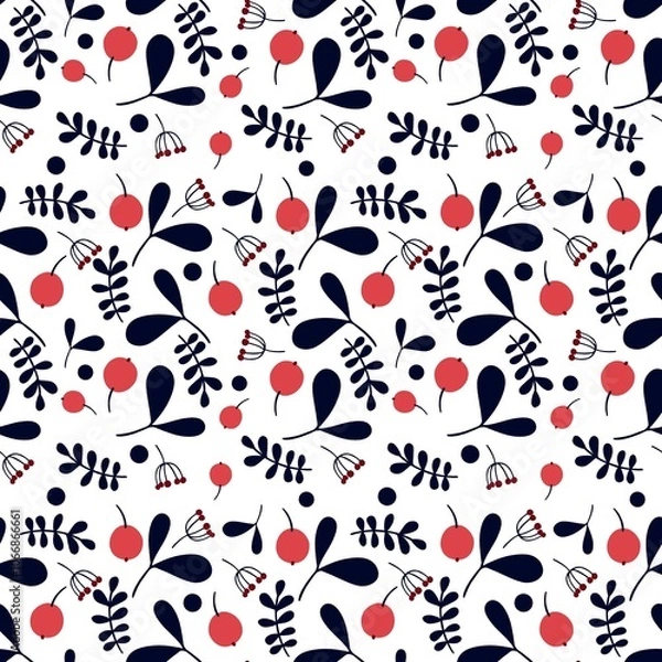 Obraz Seamless Leaves and Berry Pattern Background. Botanical Natural Texture for Fabric, Wallpaper, Packaging and Eco Design