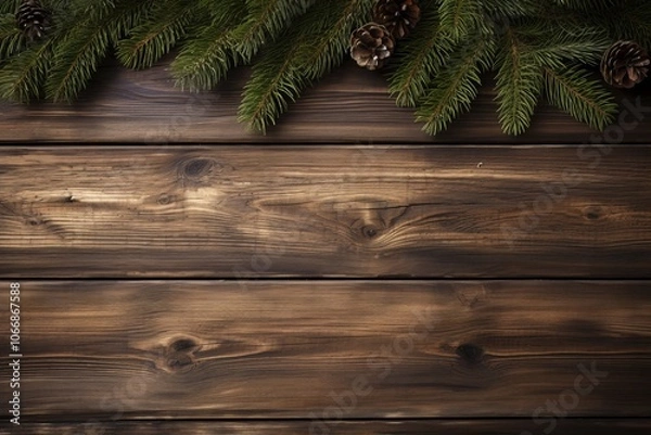 Fototapeta Rustic wooden backdrop with evergreen branches and pine cones for festive decorations