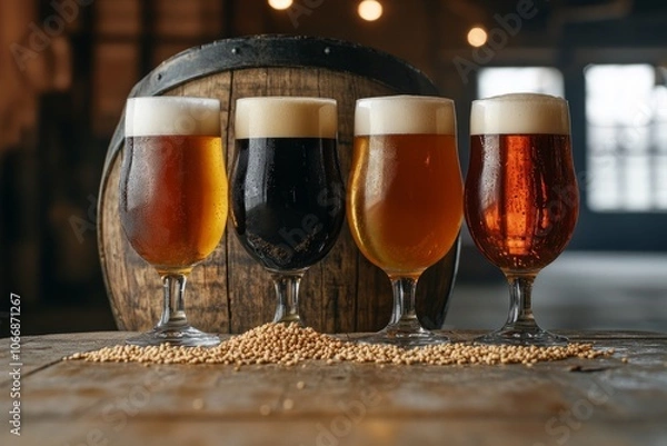 Obraz Four different beer glasses sit on a wooden table. Each glass shows a unique color and foam. A barrel and grains are in the background. Perfect for beverage lovers. Generative AI