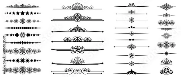 Fototapeta Set of decorative dividers with snowflakes and stars. Text separators. Page decors in black. Design elements for invitations and holiday cards. Christmas and New Year vector ornaments.
