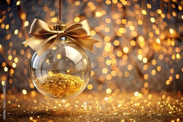 Fototapeta Chtistmas ornament. Beautiful transparent Christmas ball with golden glitter and bow. Background with blurred golden lights, sparkles and bokeh. Christmas illustration.	