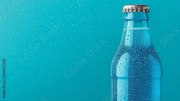 Fototapeta A refreshing, fizzy drink bottle covered in bubbles against a vibrant blue background, symbolizing refreshment and hydration.