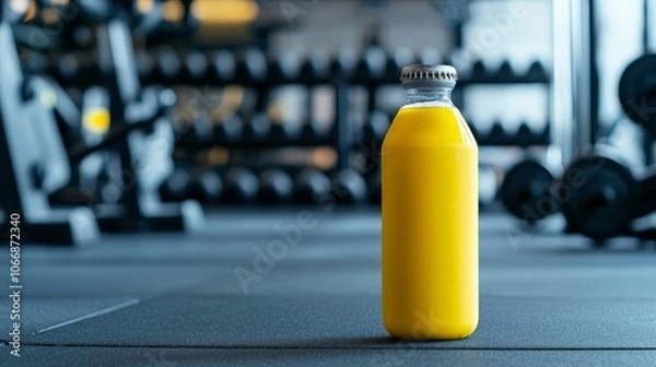 Fototapeta A vibrant yellow juice bottle stands prominently on a gym floor, with weights and fitness equipment blurred in the background.