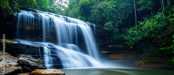 Fototapeta Tranquil waterfall cascading down rocks surrounded by lush greenery.