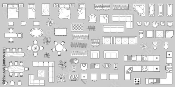 Fototapeta Furniture outline top view for plan. Set of isolated linear interior icons. Vector Illustration. Kit of Objects and elements for apartments, living room, bedroom, kitchen, bathroom. Bed, sofa, table