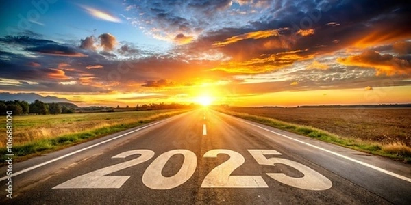 Fototapeta Inspiring Architectural Photography of 2025 Written on Asphalt Road at Sunset, Symbolizing New Beginnings, Business Strategies, and Opportunities for a Bright Future