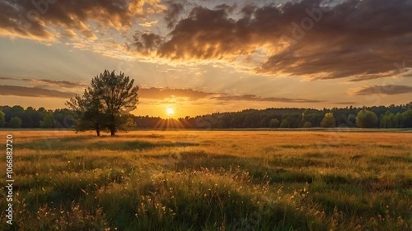 Fototapeta Golden Sunset Over Meadow With Tree Silhouette.