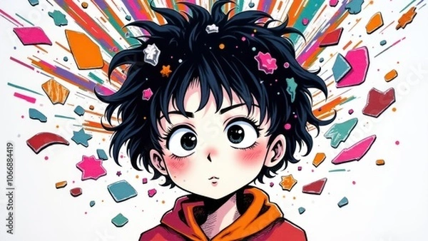 Fototapeta Cartoon-style portrait of a person with expressive eyes, surrounded by colorful splashes representing ADHD.