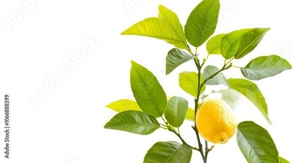Fototapeta Small lemon tree with fresh green leaves and a few yellow lemons, isolated on a white background for a bright, natural touch.