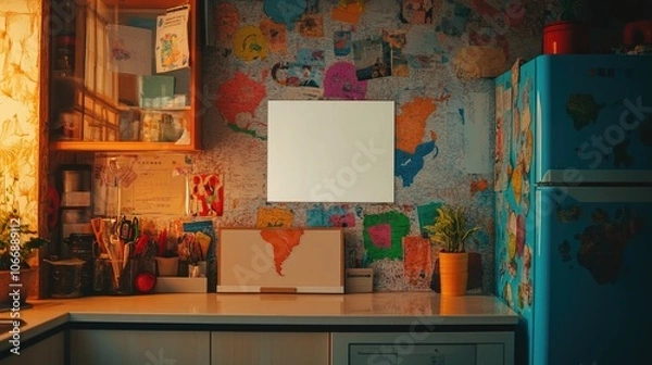 Fototapeta A fridge adorned with vibrant world magnets and a blank photo in the center, offering a creative space for memories or notes amidst global souvenirs.