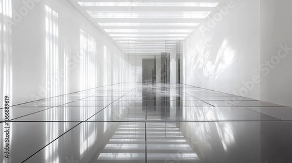 Obraz A mirror-filled labyrinth in a white room with a grid floor, light reflecting across surfaces, and deep shadows creating a sense of depth.
