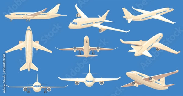 Obraz Airplanes different views. Passenger aircraft front side top view, flight commercial jet or cargo aviation civil airplane airliner wing turbine fuselage, neat vector illustration