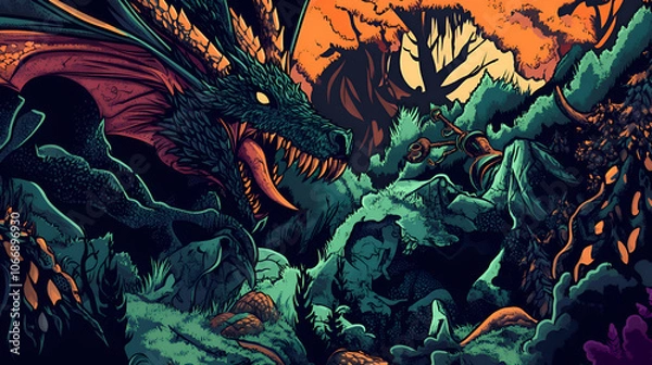 Fototapeta A fierce green dragon with red wings roars in a dark forest.