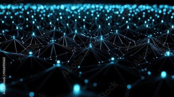 Fototapeta Abstract network connection with glowing blue nodes on a dark background.