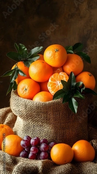 Fototapeta A burlap sack overflowing with vibrant oranges and grapes, showcasing fresh produce.