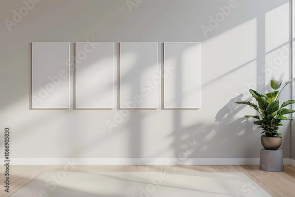 Fototapeta A serene interior with four empty frames, accentuated by soft light and a vibrant green plant, creating a harmonious atmosphere.