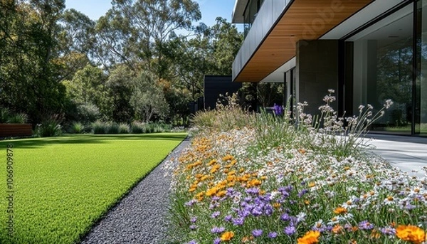 Fototapeta Modern Australian home with vibrant landscaping in a calm outdoor space