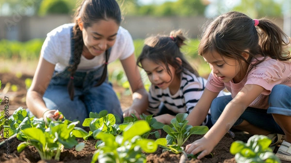 Fototapeta A kindergarten teacher and his students were planting vegetables, they were so happy and cheerful.