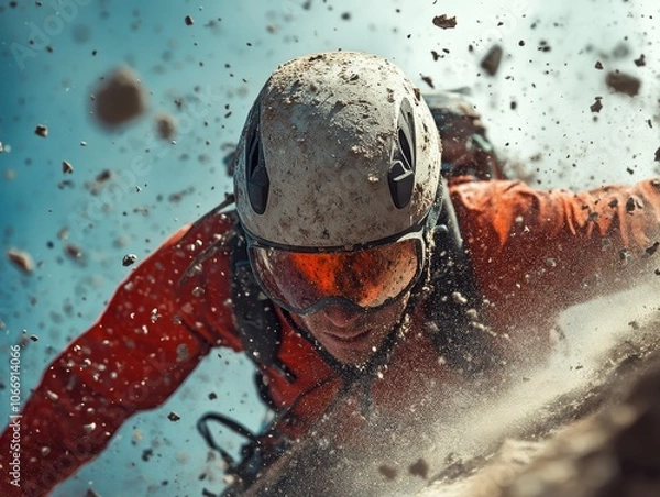 Fototapeta Intense close-up of a rock climber wearing protective gear and helmet as debris falls around them, capturing the thrill of extreme climbing.