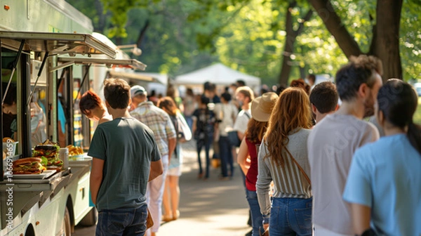 Fototapeta View of many people queuing to buy food at the food truck, with a city park in the background.