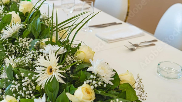Fototapeta Beautiful flowers decorated on the table. Tables set for an event party or wedding reception. luxury elegant table setting dinner in a restaurant.