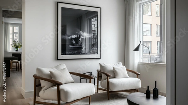 Fototapeta Bright Scandinavian living room with two cozy plush armchairs facing a large framed poster on a crisp white wall, accented by minimalist decor, soft textures, and warm tones for a