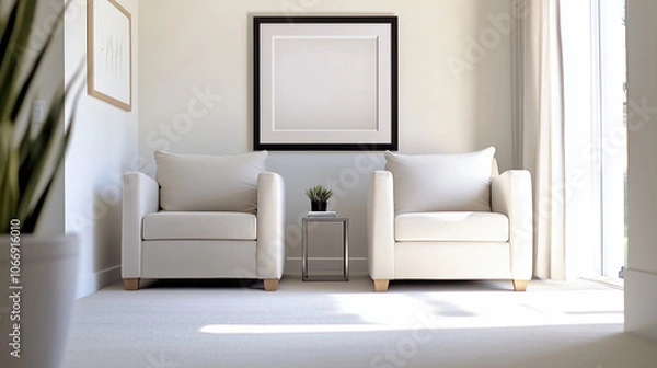 Fototapeta Inviting Scandinavian-style living room with two plush armchairs in neutral tones, a large framed print as the focal point, and sleek decor accents set against a bright white wall.