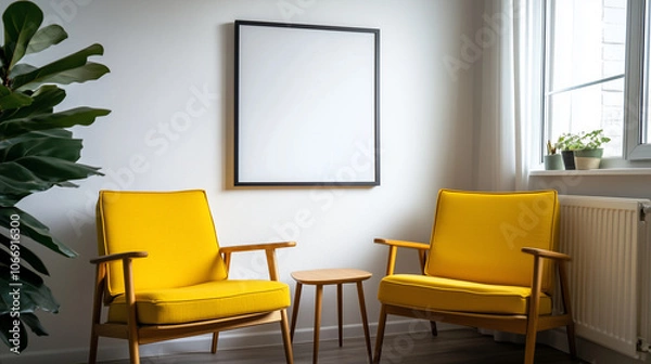 Fototapeta Scandinavian-inspired cozy room with two plush armchairs, a large framed poster on a clean white wall, and warm textures that bring a sense of harmony and relaxation.