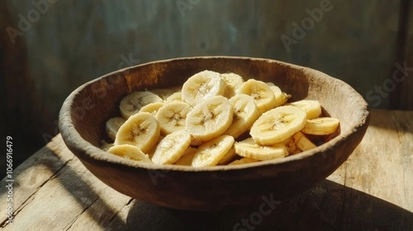 Obraz Sliced Banana Chips in Rustic Bowl with Warm Lighting