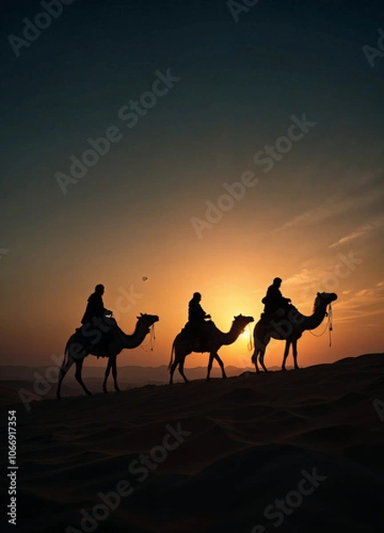 Fototapeta three silhouette of the Magi are riding camels in the desert at sunset