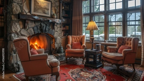 Fototapeta Three armchairs are surrounding a coffee table and a vintage red oriental rug in a mountain chalet living room with a stone fireplace