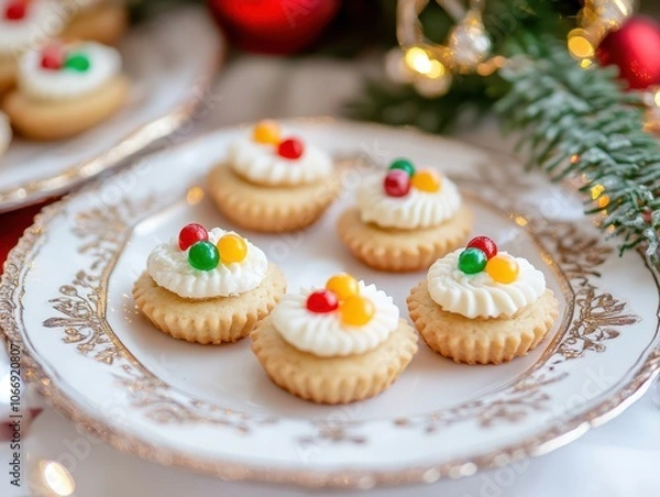 Fototapeta Festive vintage Gem Rose snacks, small biscuits topped with bright candy, ideal for holiday tables and nostalgic celebrations