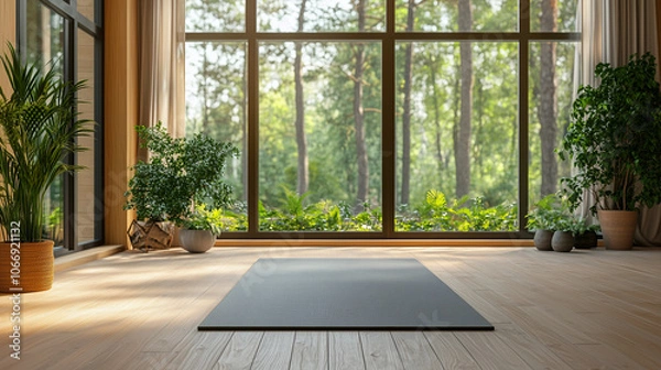 Fototapeta An open living room with large windows, where a yoga mat is laid out on a light wooden floor
