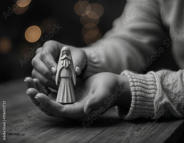 Fototapeta a black and white photo of a person holding a figurine of three kings on blurred bokeh background