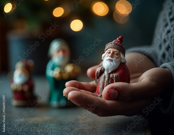 Fototapeta a person holding a miniature of three kings figurine on palm hands on a blurred bokeh background