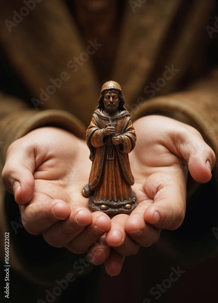 Fototapeta a person holding a small statue of a three kings on palm hands