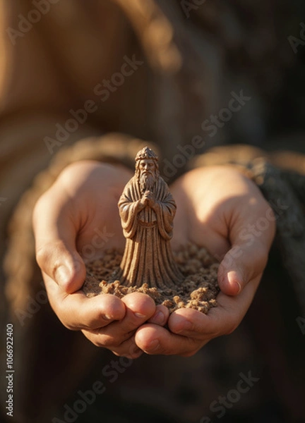Fototapeta a person holding a figurine of one three kings on palm hands