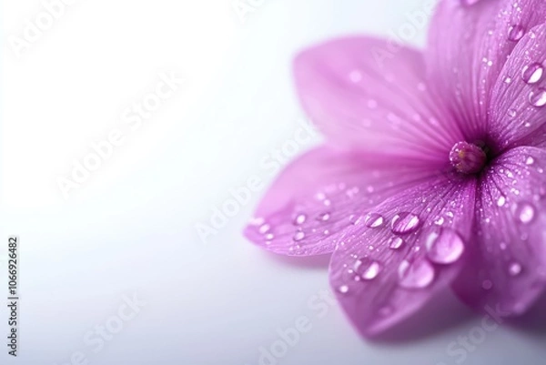 Fototapeta Close-up of a pink flower with water droplets, on a soft white background.