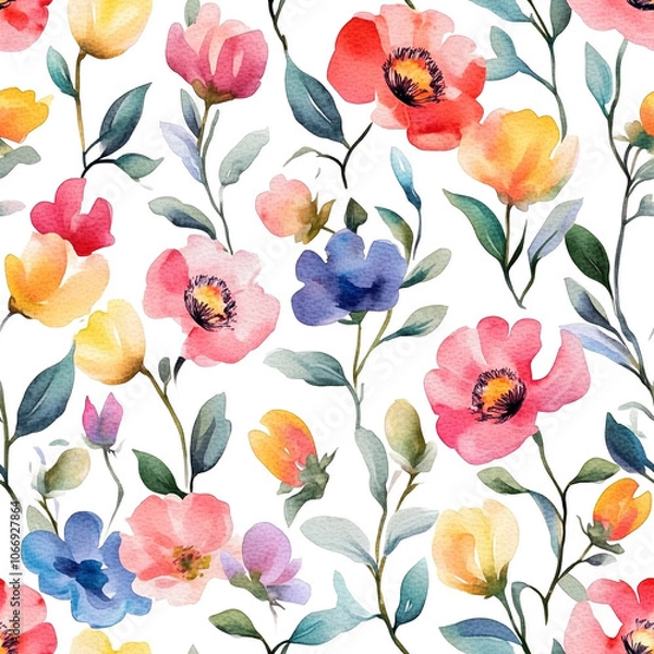 Fototapeta Watercolor floral seamless pattern print hand painting with abstract flowers and plants, design texture. Tileable Seamless pattern watercolor floral pattern for textile, stationery, wedding deisgn