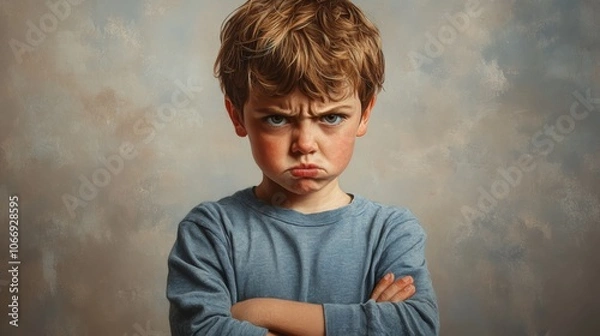 Fototapeta Grumpy child crossing arms and frowning in frustration