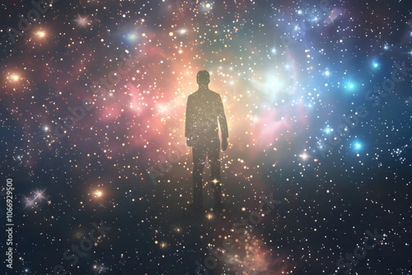 Fototapeta Silhouette of a figure standing amidst a vibrant cosmic backdrop filled with stars and colorful nebulae, evoking a sense of wonder.