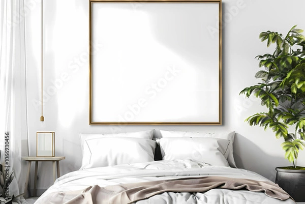 Fototapeta Serene bedroom featuring a minimalist design with a large blank frame above a cozy bed, accented by lush greenery.