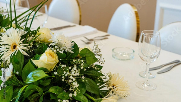 Fototapeta Beautiful flowers decorated on the table. Tables set for an event party or wedding reception. luxury elegant table setting dinner in a restaurant.