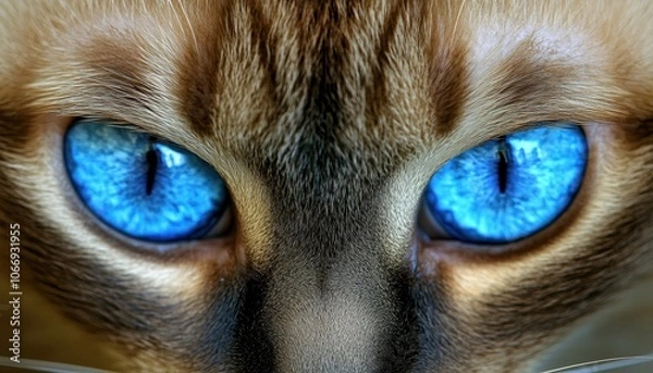 Fototapeta Intense gaze of a Siamese cat with striking blue eyes during daylight