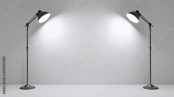 Fototapeta Minimalist studio setup with two modern floor lamps casting light on a plain white background, perfect for product photography, portrait, or content creation.