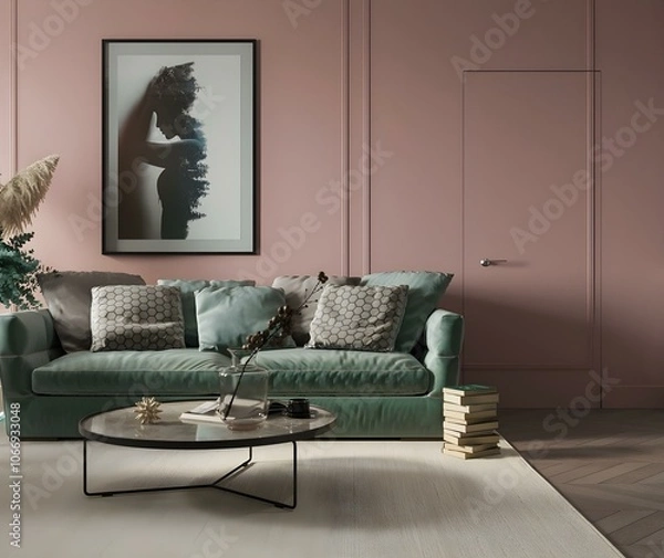 Fototapeta interior with green sofa, 3d render, 3d illustration