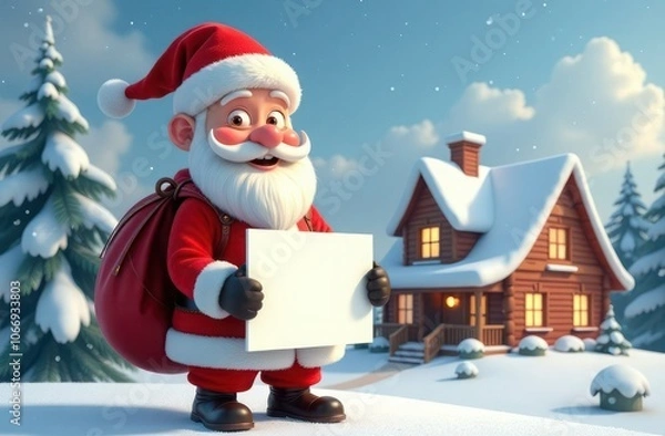 Fototapeta Santa Claus cheerful smiling holds a blank white sheet in his hands, winter snowy background, space for text. Christmas, New Year